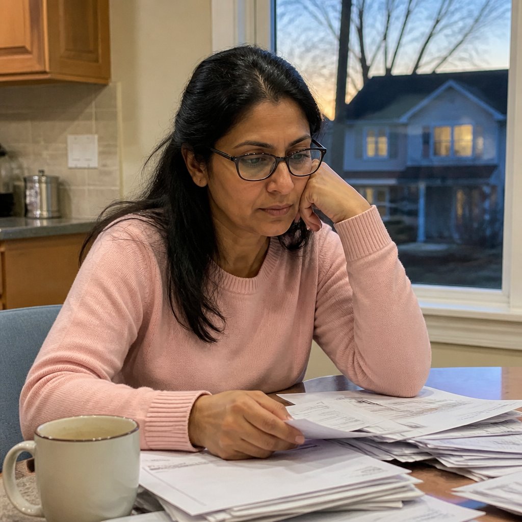 Woman sitting at kitchen table looking thoughtful and tense, with mail and coffee on the table and neighborhood houses visible outside the window.