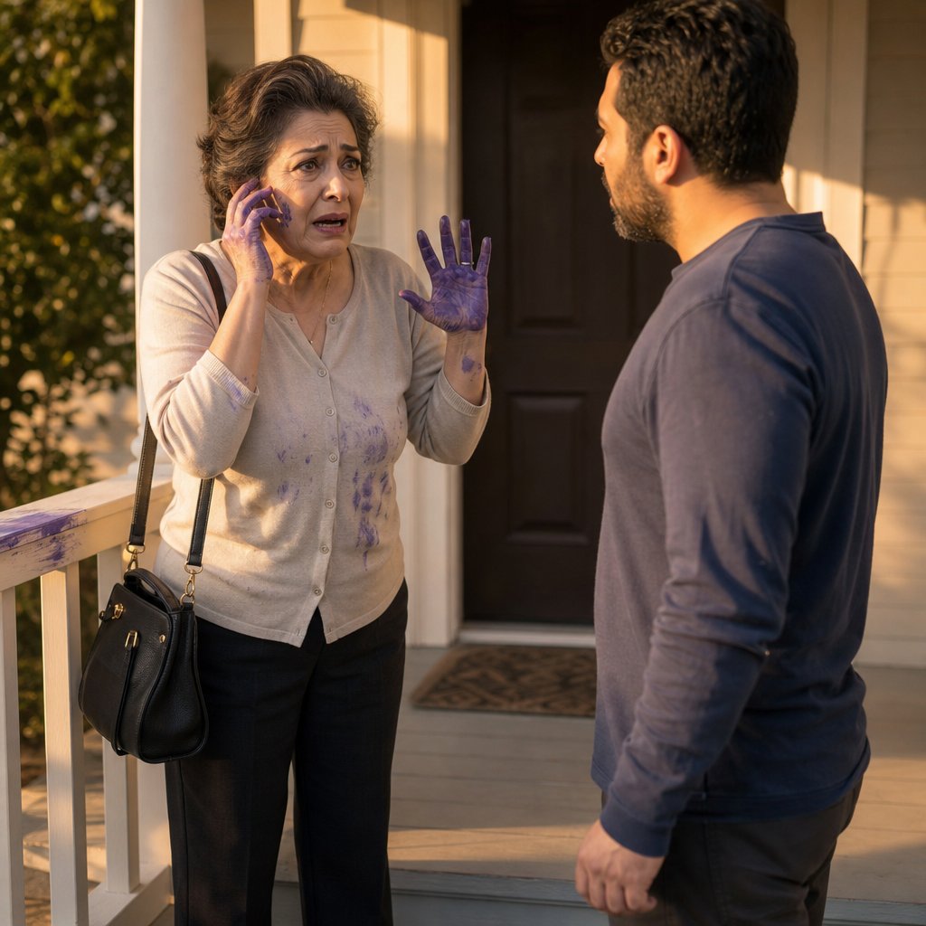 On the porch, Layla cries into her phone with bright dye smeared across her hands and cardigan, leaving streaks on the railing.