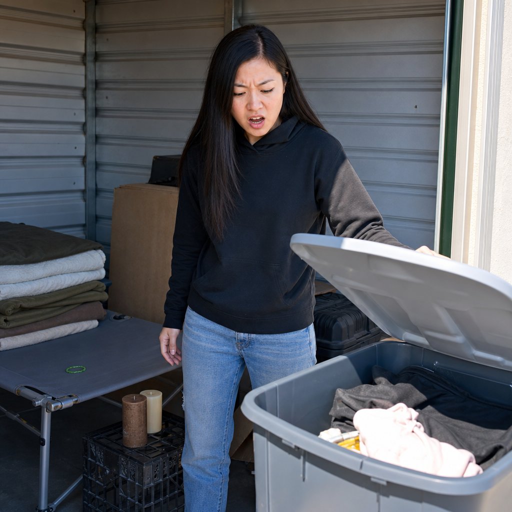 Mara stands in a storage unit staring into a bin, surrounded by staged cozy items that look out of place.