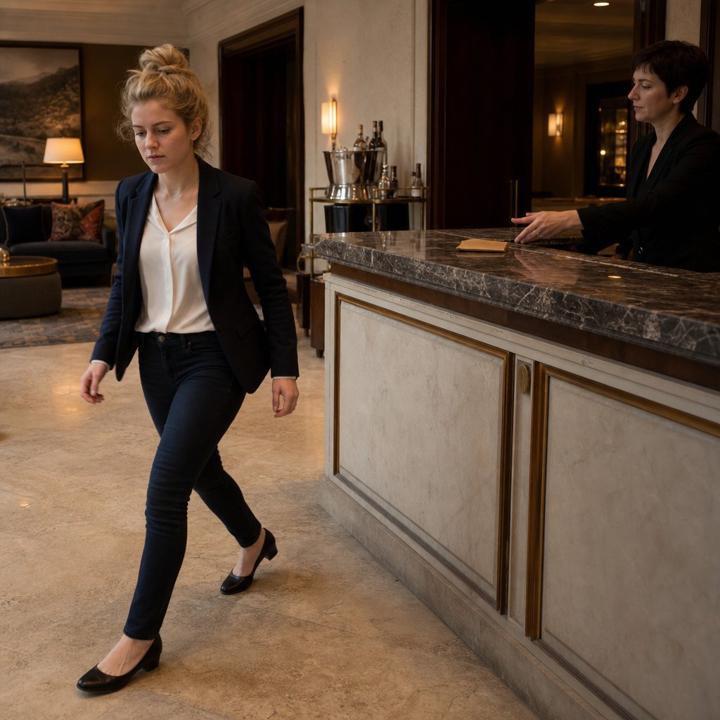 Mara walks away from a hotel front desk as a clerk reaches toward an envelope she left behind.