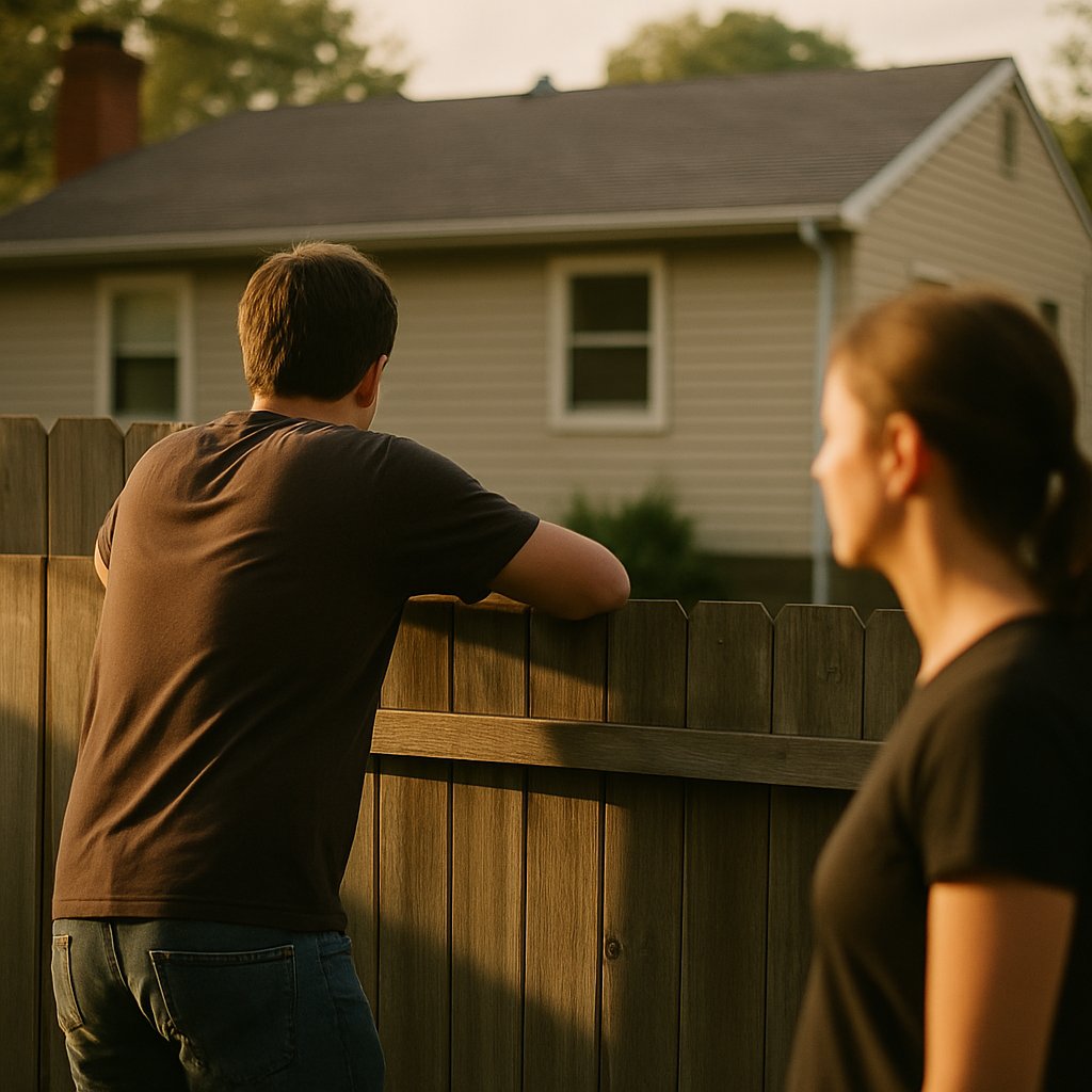 Backyard fence in afternoon light with two neighbors chatting, one seen from behind