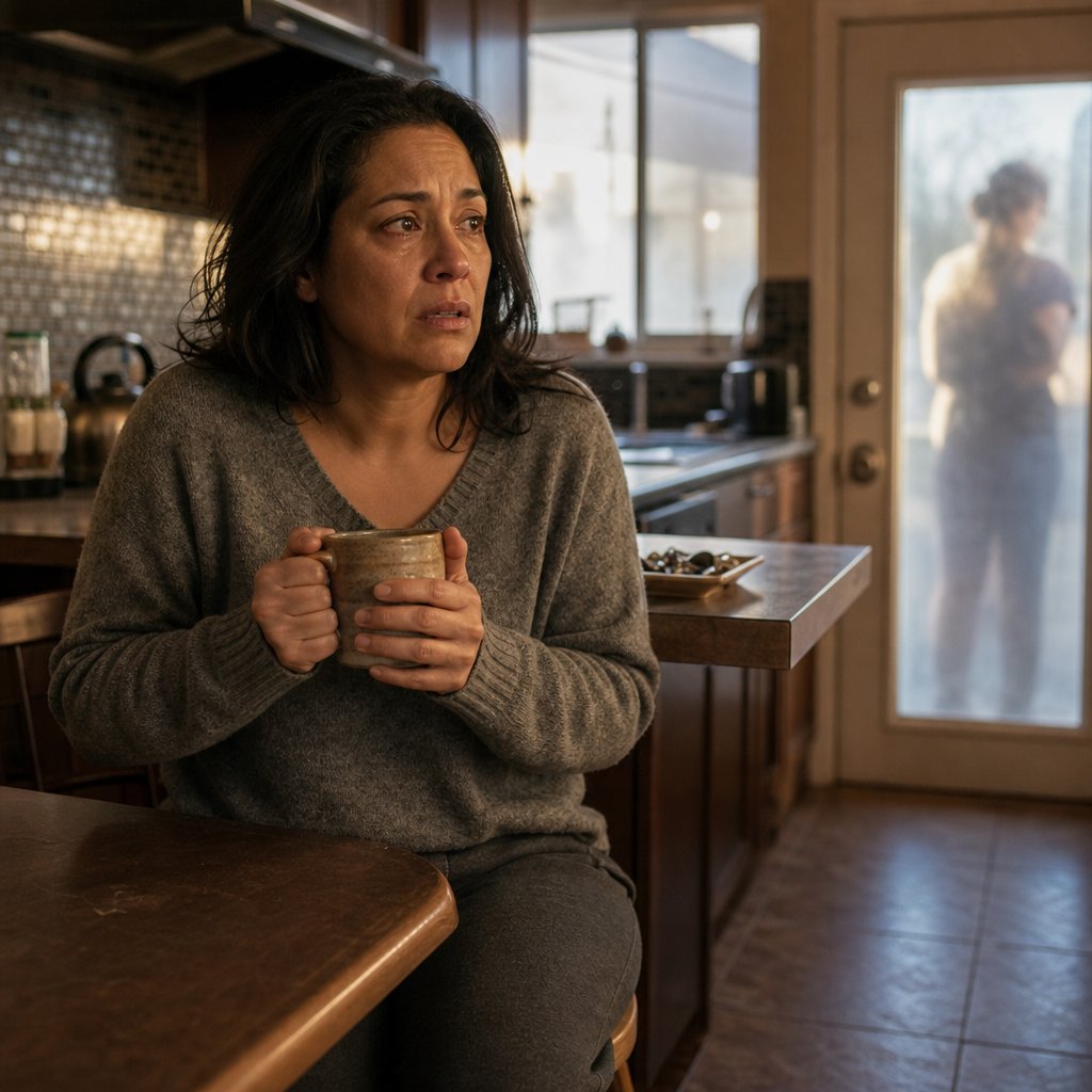 Mara sits in her kitchen gripping a mug as she learns the screenshot was made on Sloane’s iPad, while someone stands at her front door.