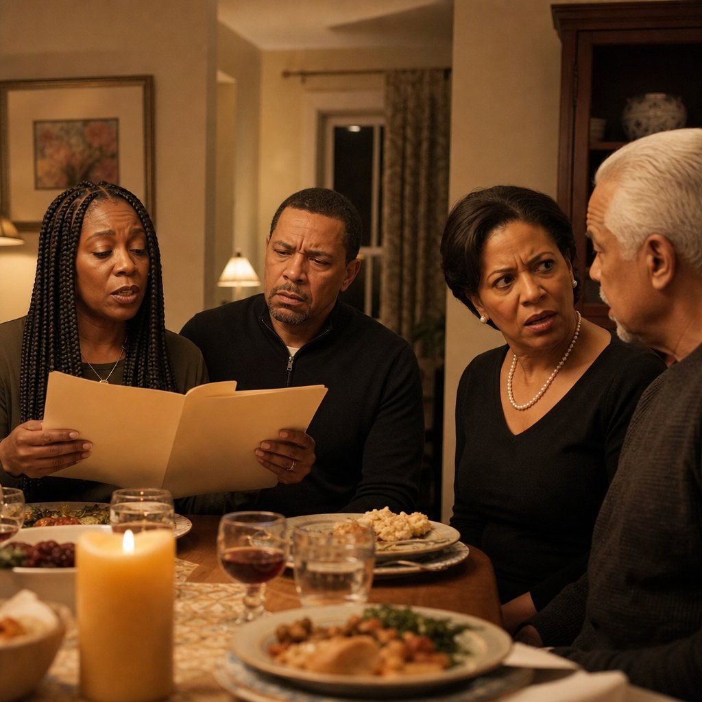 A tense dinner scene as a woman reads from a folder and a guest in pearls turns toward her husband in shock.