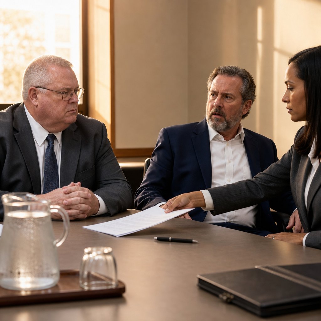 In a deposition room, the lawyer slides a document across the table as Graham’s confident expression starts to crack.