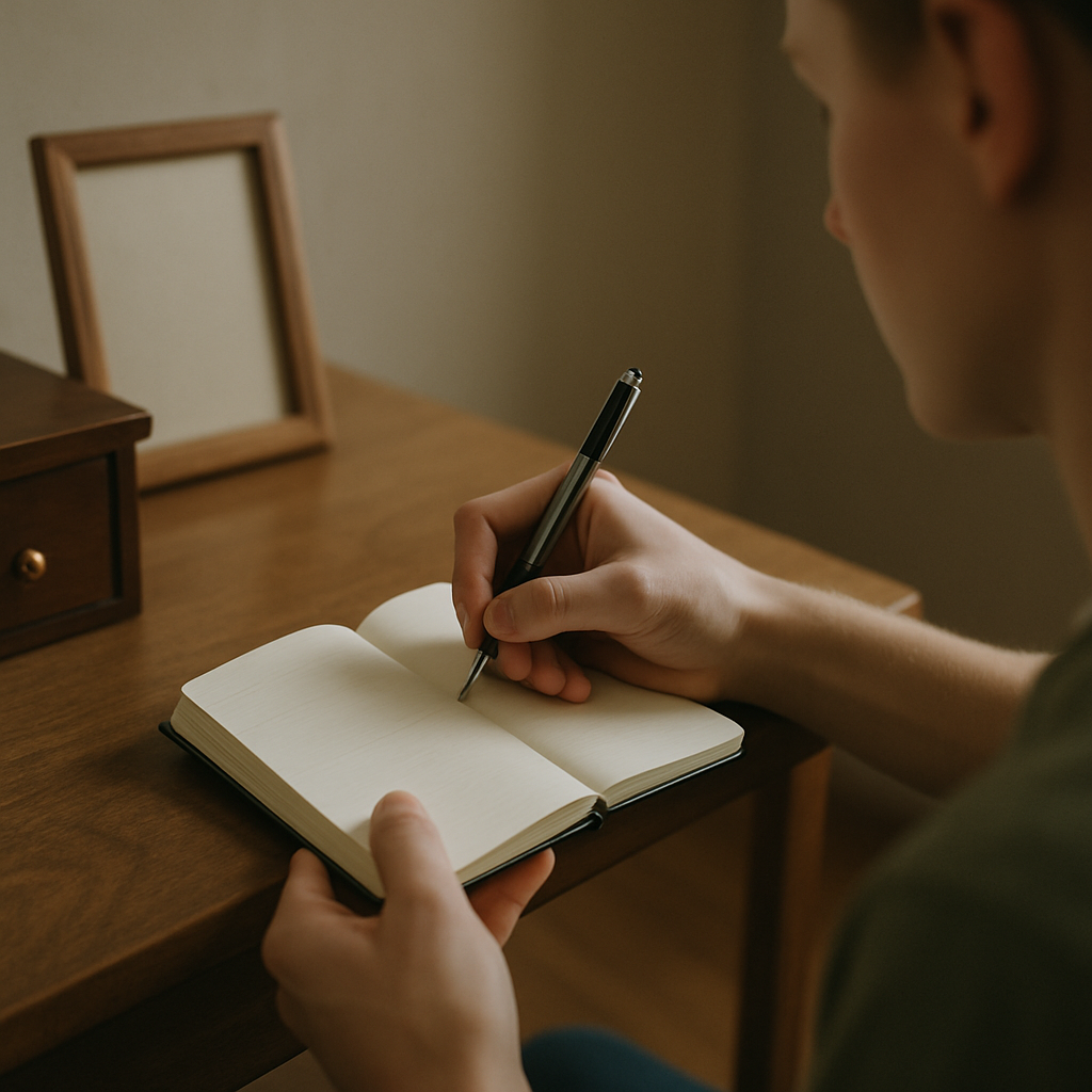 Person taking notes near empty picture frame and locked drawer in softly lit room