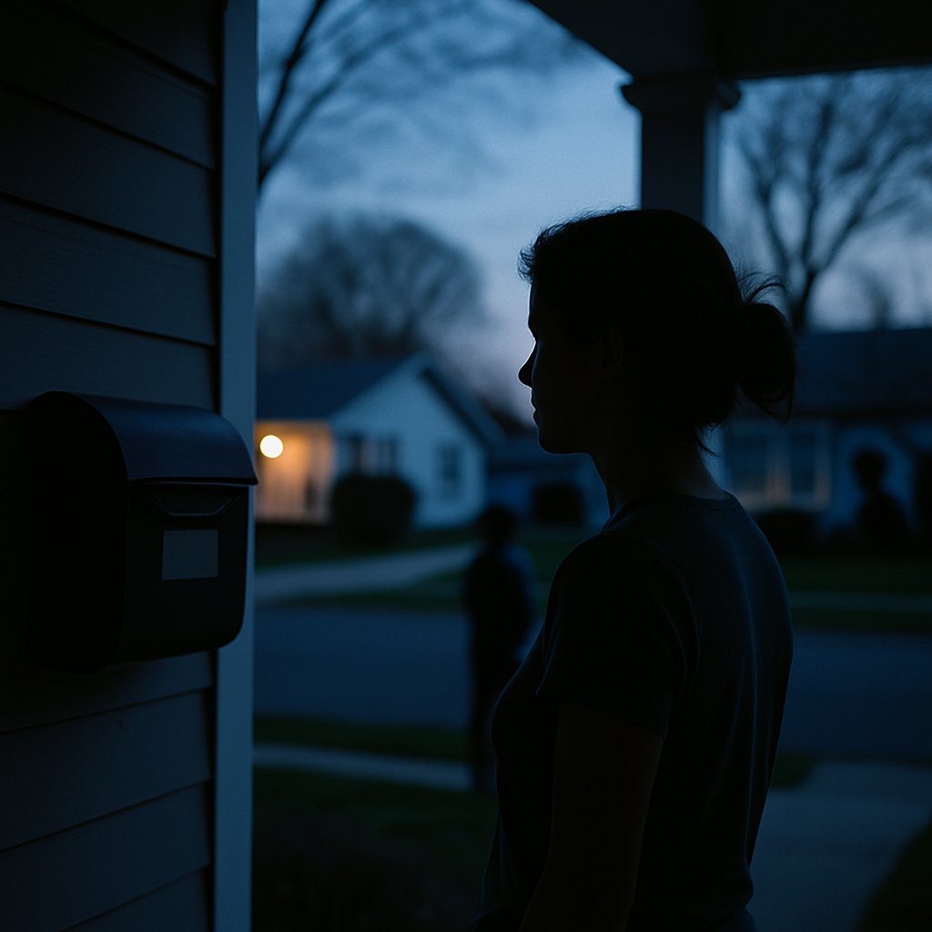 A woman on a porch, mailbox label visible, speaking to a neighbor at dusk.