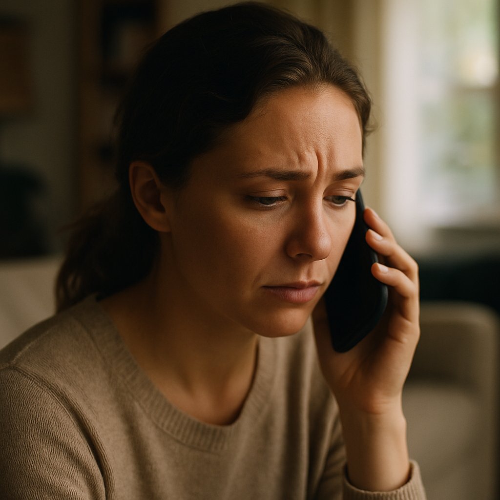 Woman listening thoughtfully on a phone call in her living room.