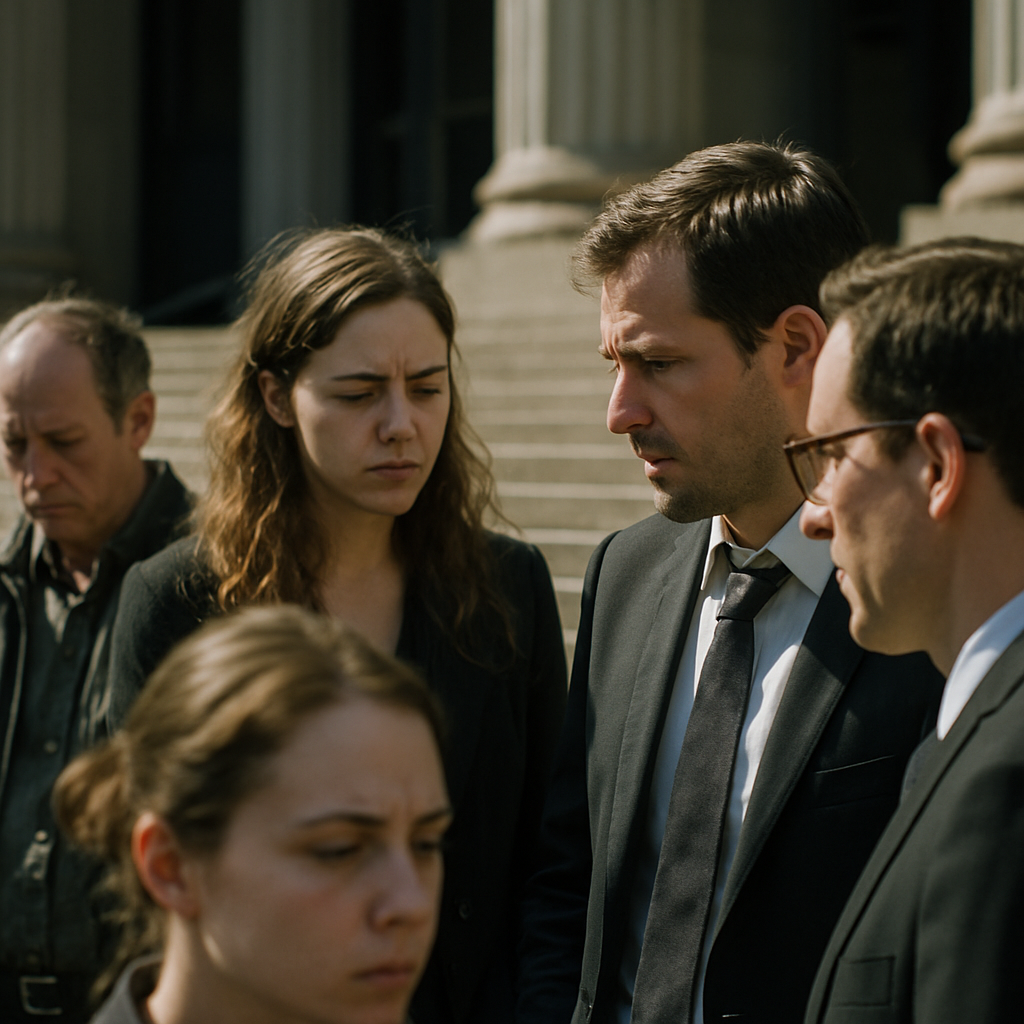 People tense on courthouse steps in bright natural light, some speaking quietly.