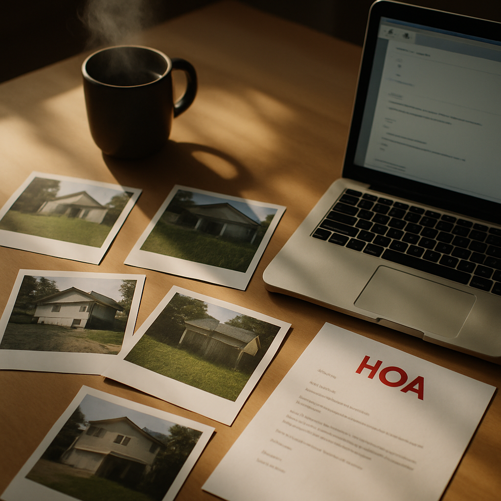 Printed HOA letter and survey photos spread on a desk with morning light and coffee cup.