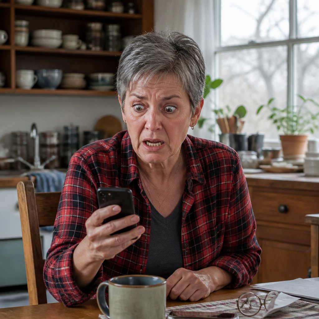 Woman in red flannel looking at phone at kitchen table, expression shocked and tense.