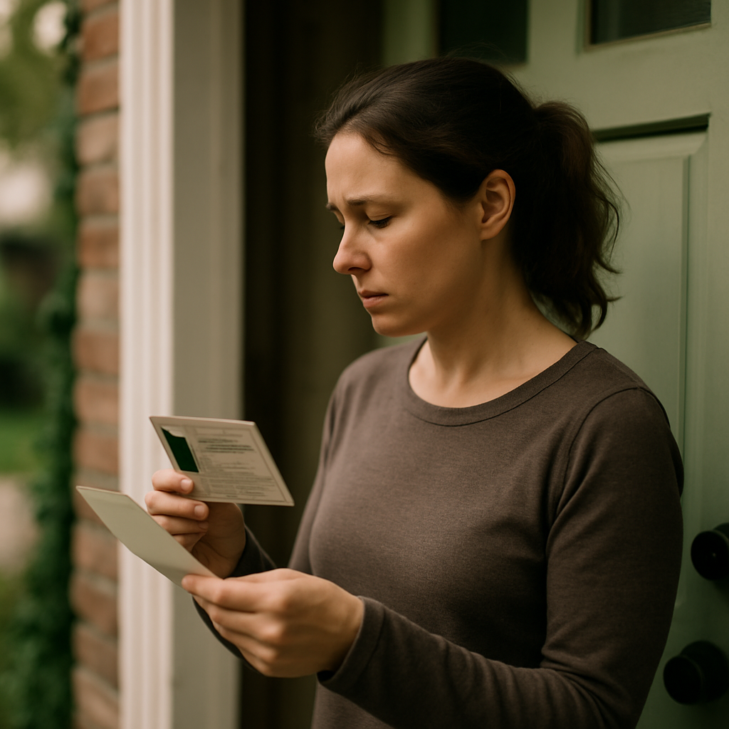 Woman holding an unsettling card and note at her front door, looking worried.