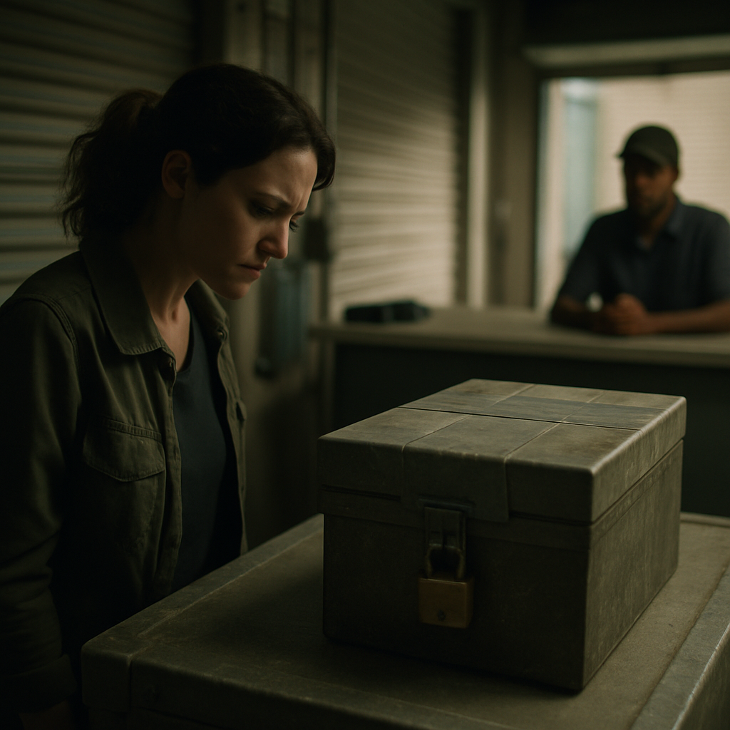 Woman discovering a dusty lockbox with duct tape in a storage unit.