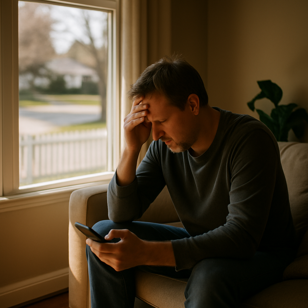Homeowner inside a living room, looking at a phone, with a white fence and calm neighborhood visible outside the window