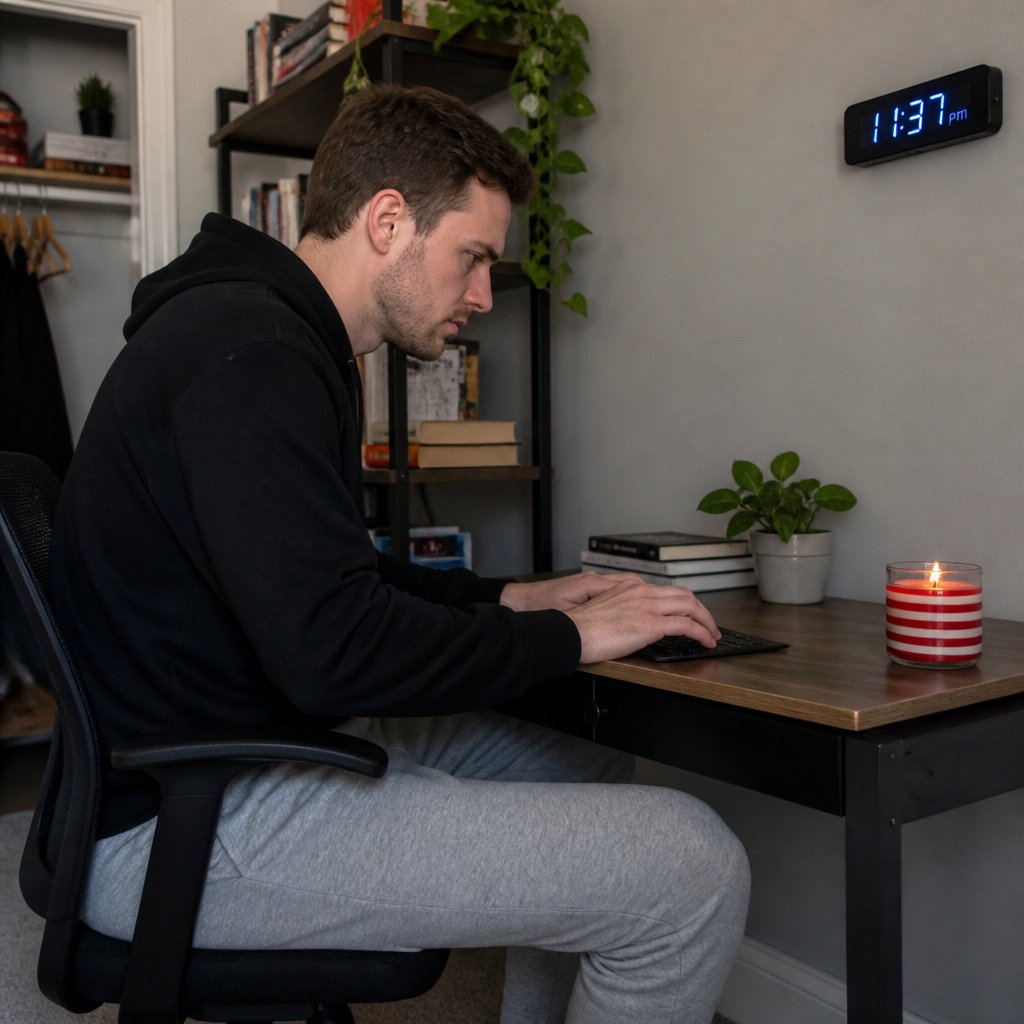 Man tense at home office desk late at night, focused on keyboard.