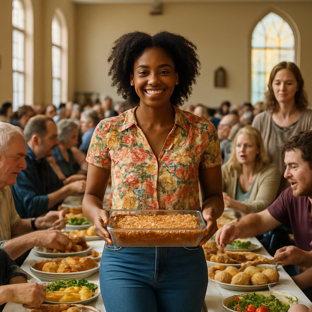 Woman proudly presenting casserole at potluck, surrounded by smiling guests, while another woman watches off to the side.