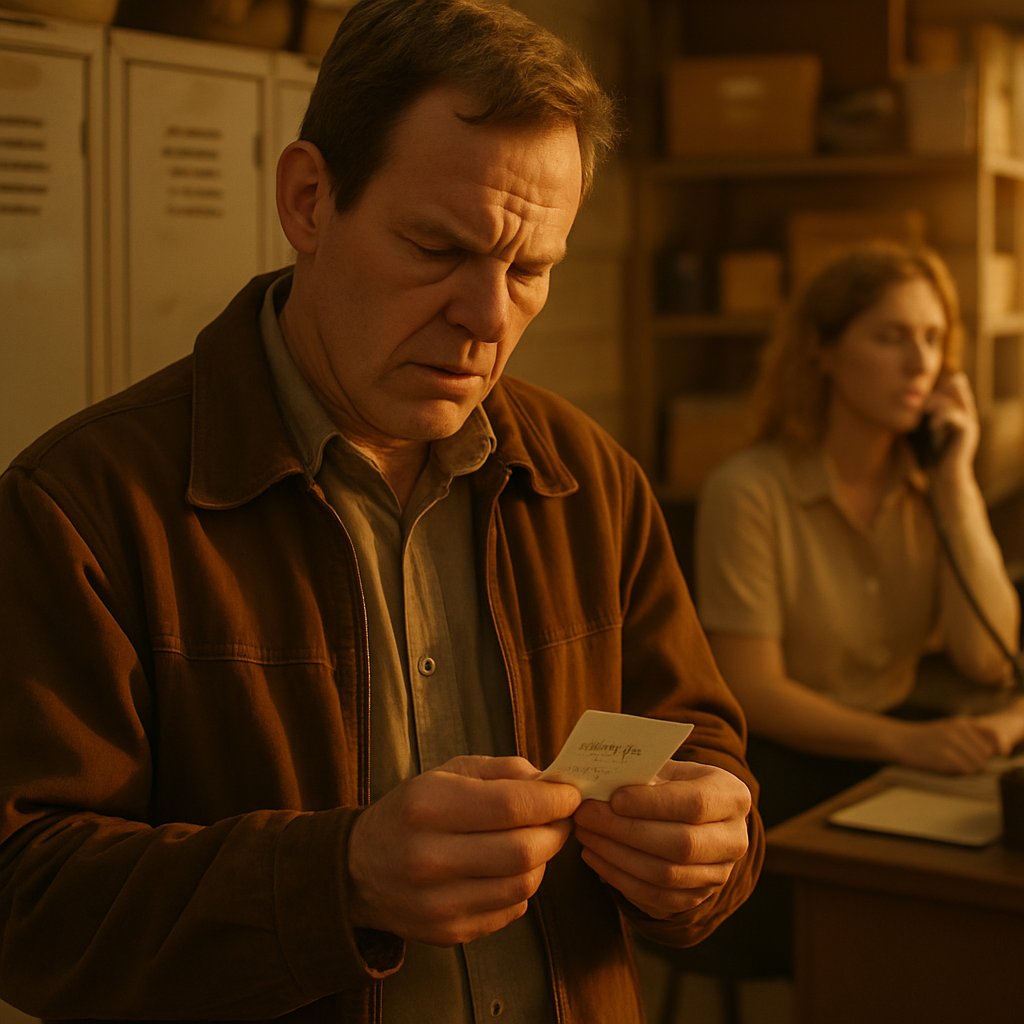 Man holding a folded paper with a storage unit code in a storage facility office.