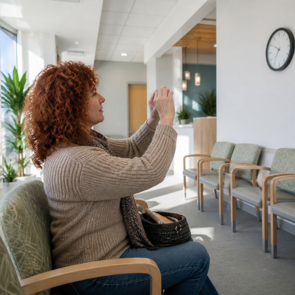 Woman in sweater taking a photo of a clock in a clinic waiting room, sitting alone.