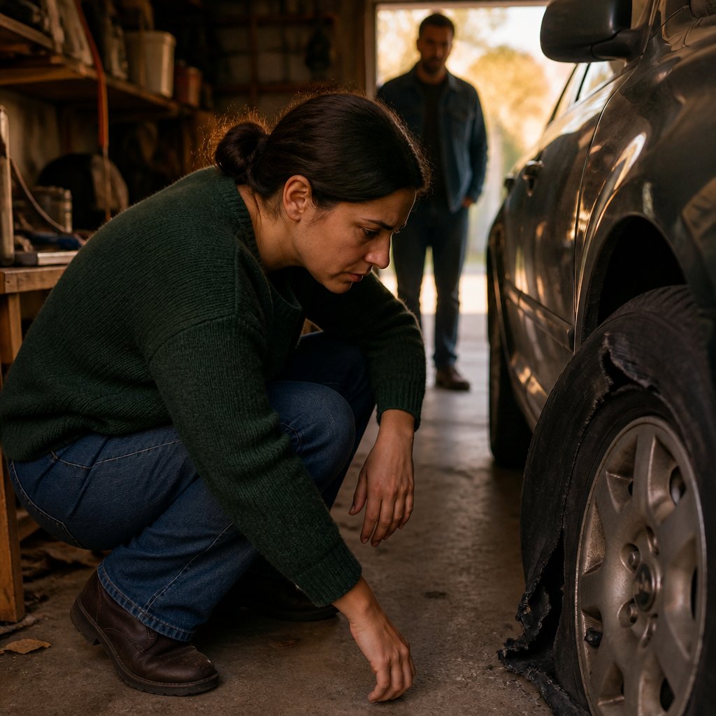 Woman inspecting a slashed tire in a cluttered garage while a man watches from the background.