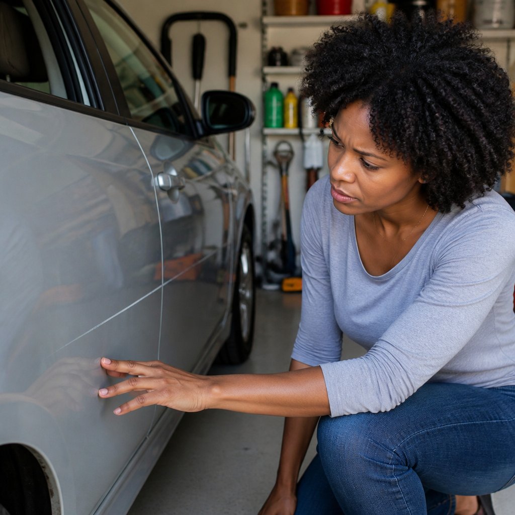 Man inspecting scratch on car side in a suburban garage surrounded by tools
