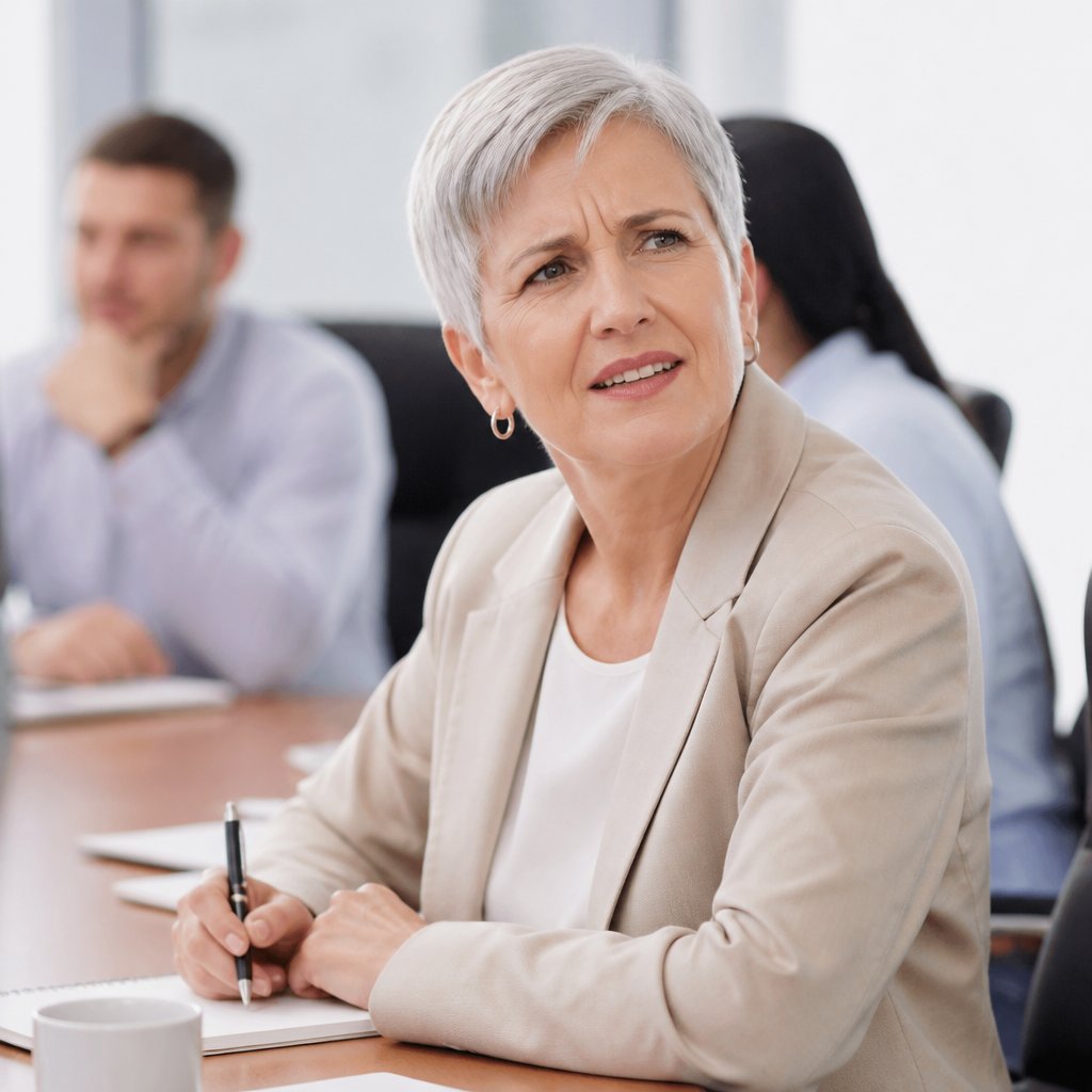 Woman at office meeting looks confused, trying to hide brain fog