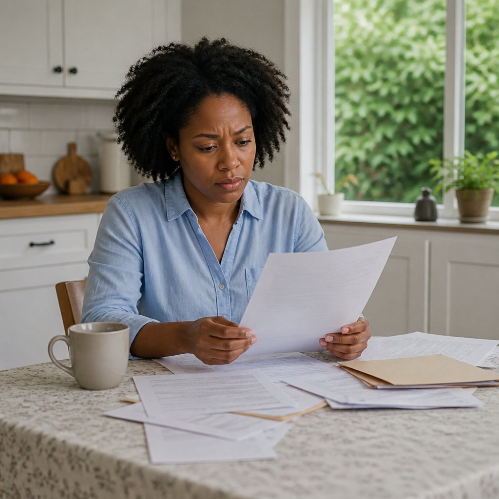 Woman reviewing damage report at kitchen table, looking concerned.