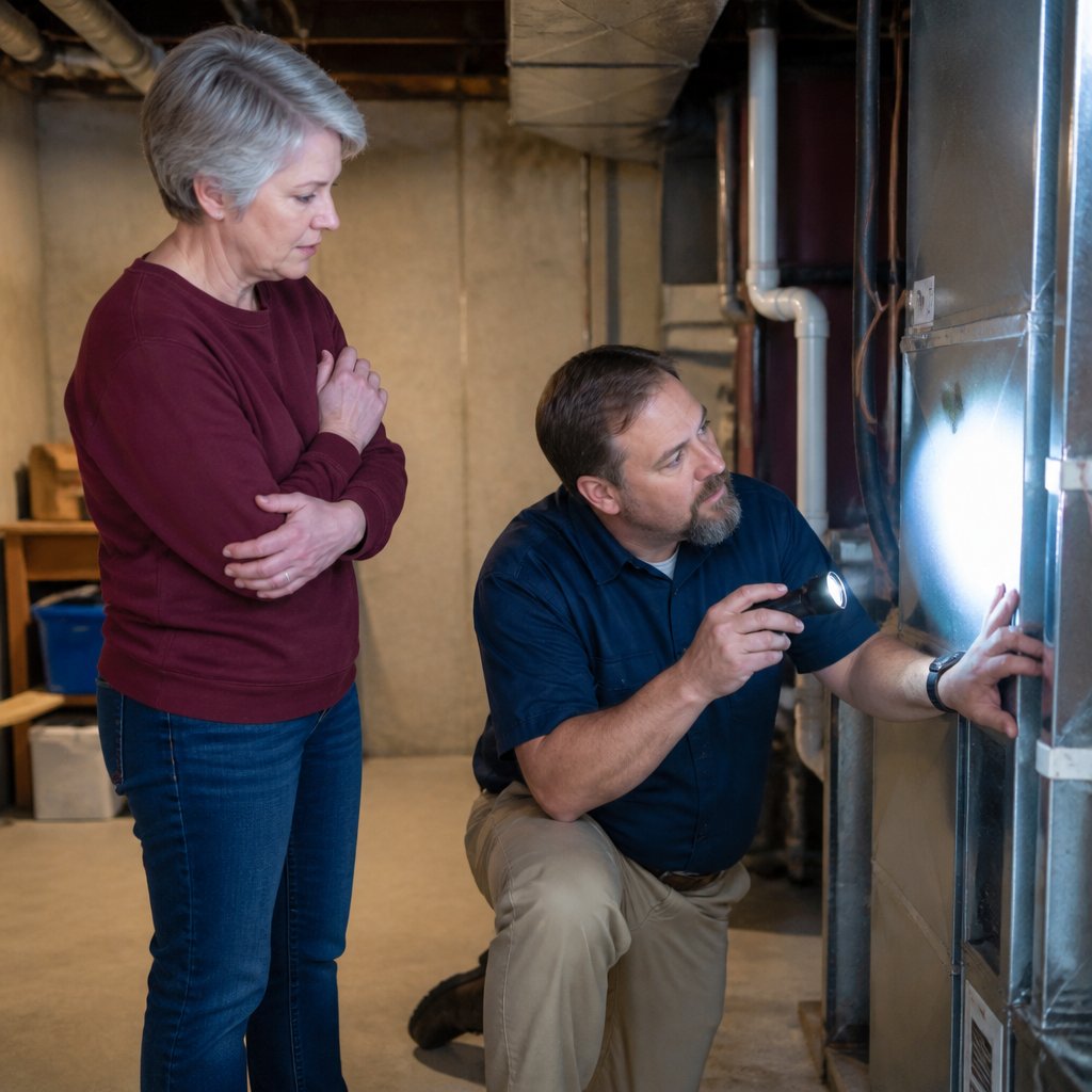 Furnace technician inspects ductwork in basement while woman looks on anxiously.