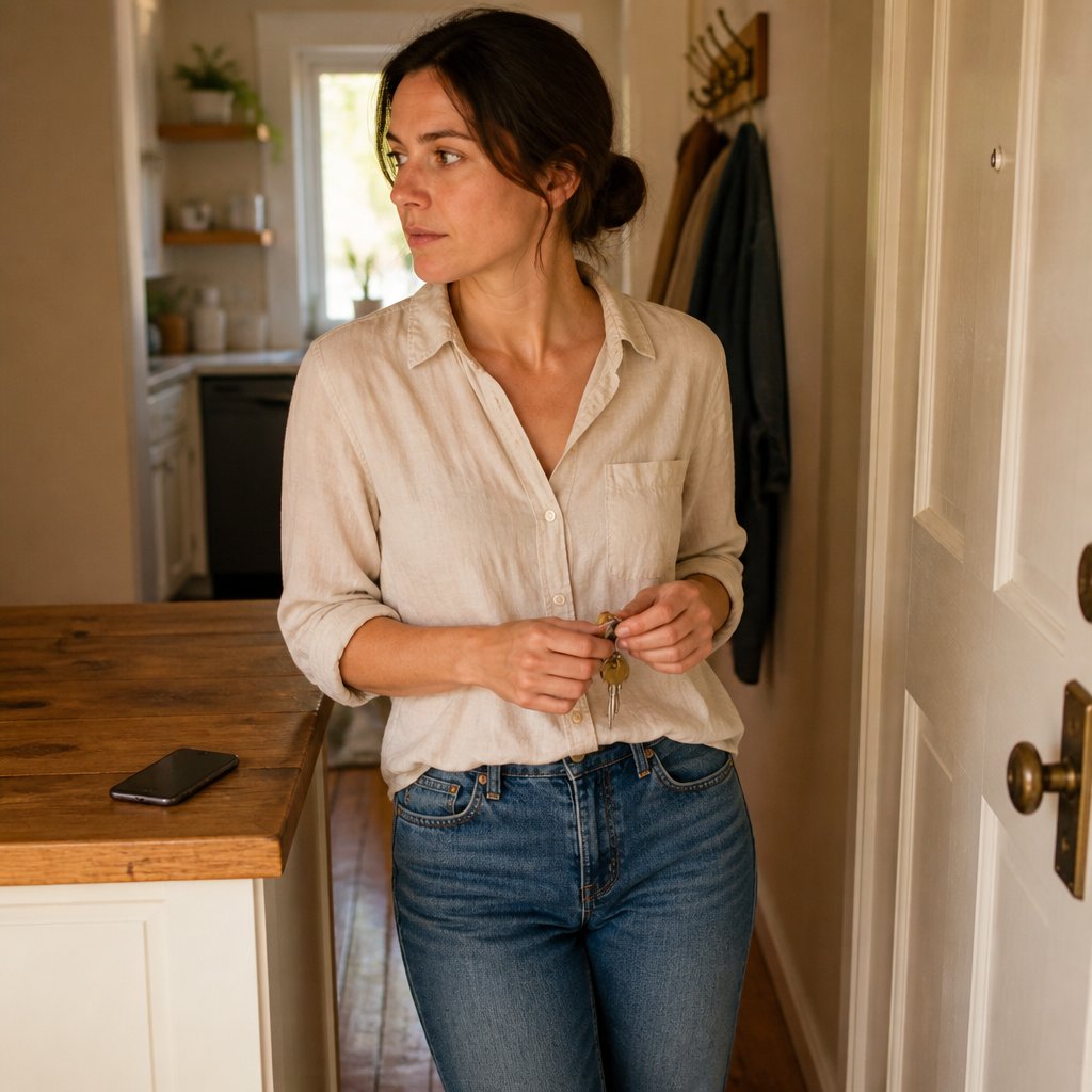 Tense woman holding keys by the front door with smartphone face-down on kitchen counter.
