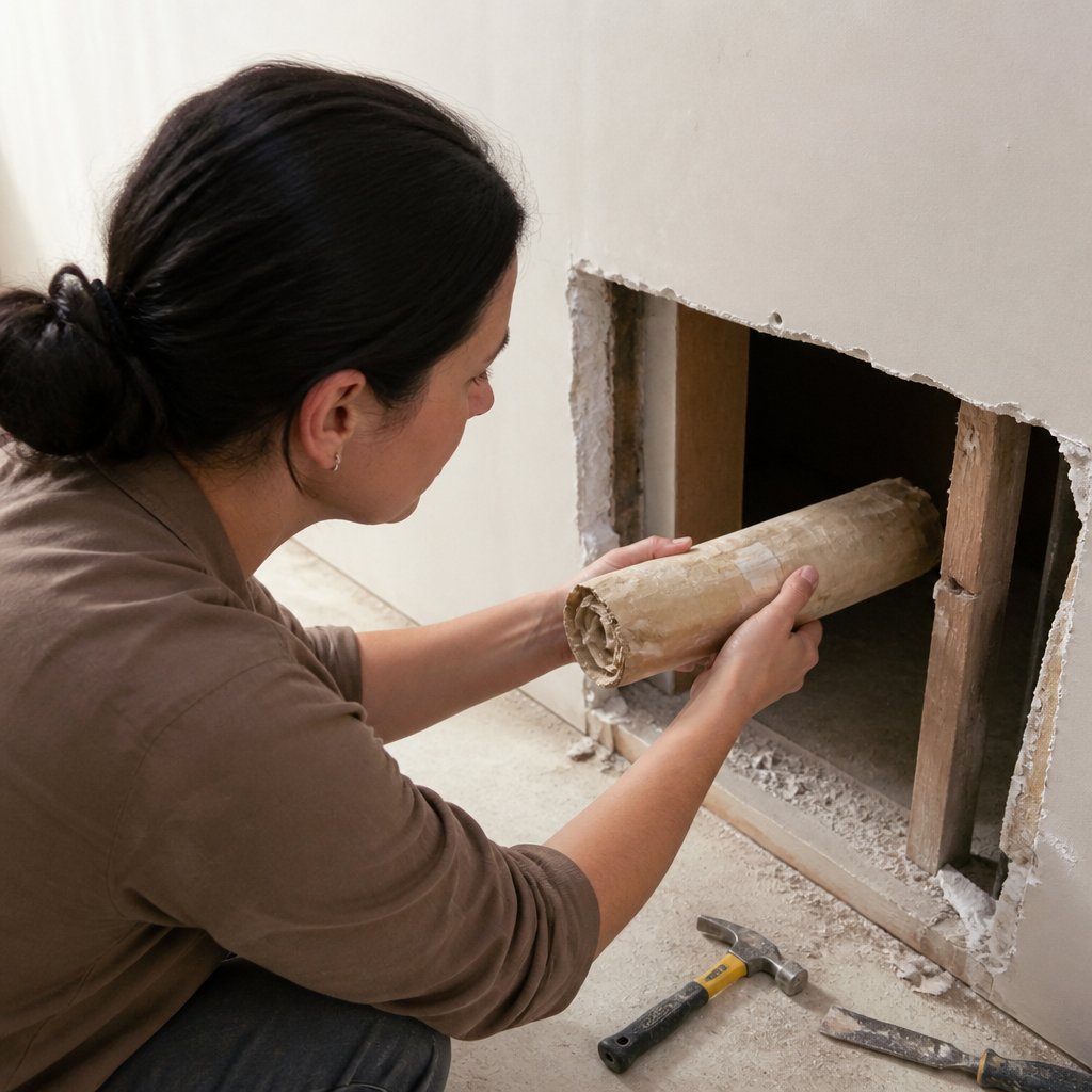 Hands extracting a sealed tube with a handwritten note from behind drywall in a basement, capturing careful and focused action.