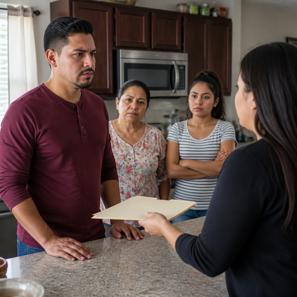 Latino man confronted by family with folder on kitchen counter.