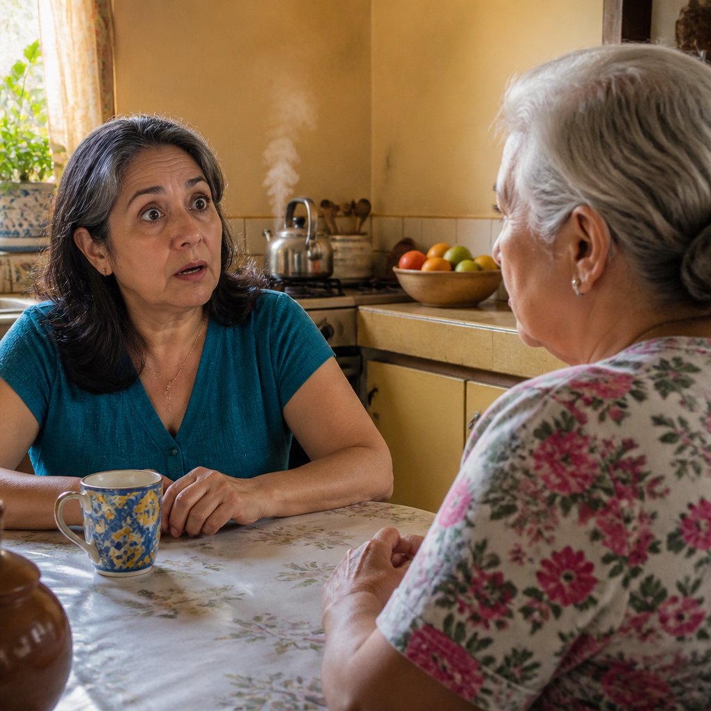 Two women at a kitchen table, one revealing a secret with a serious expression.