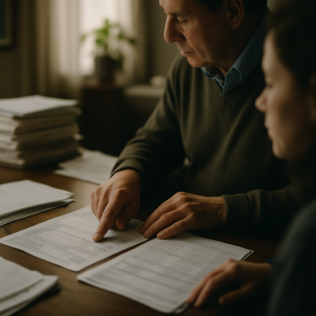 Hands pointing at financial papers in softly lit office with muted colors