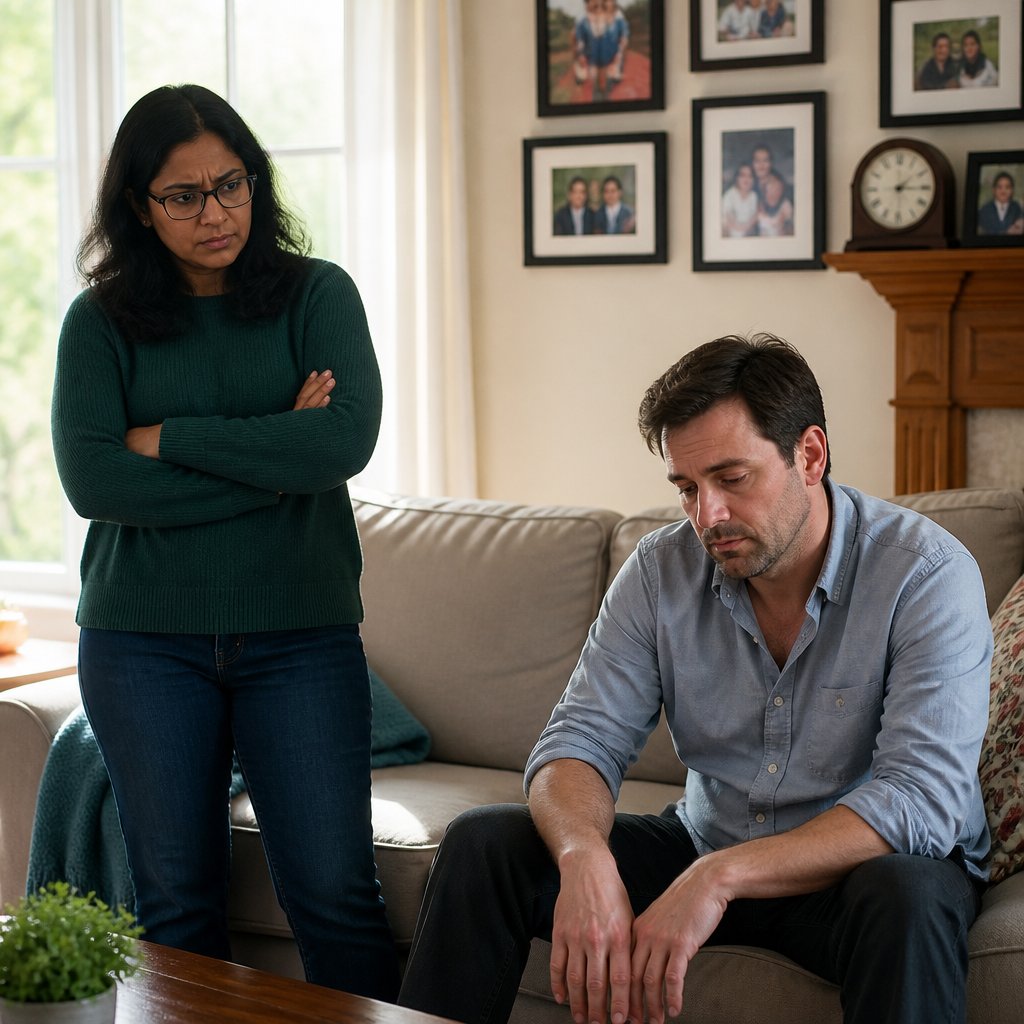 Woman standing tensely near a seated man confessing, in a living room with family photos and a clock on the mantle.