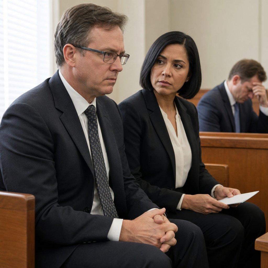 Nina sits beside her lawyer in court as the financial evidence is presented.