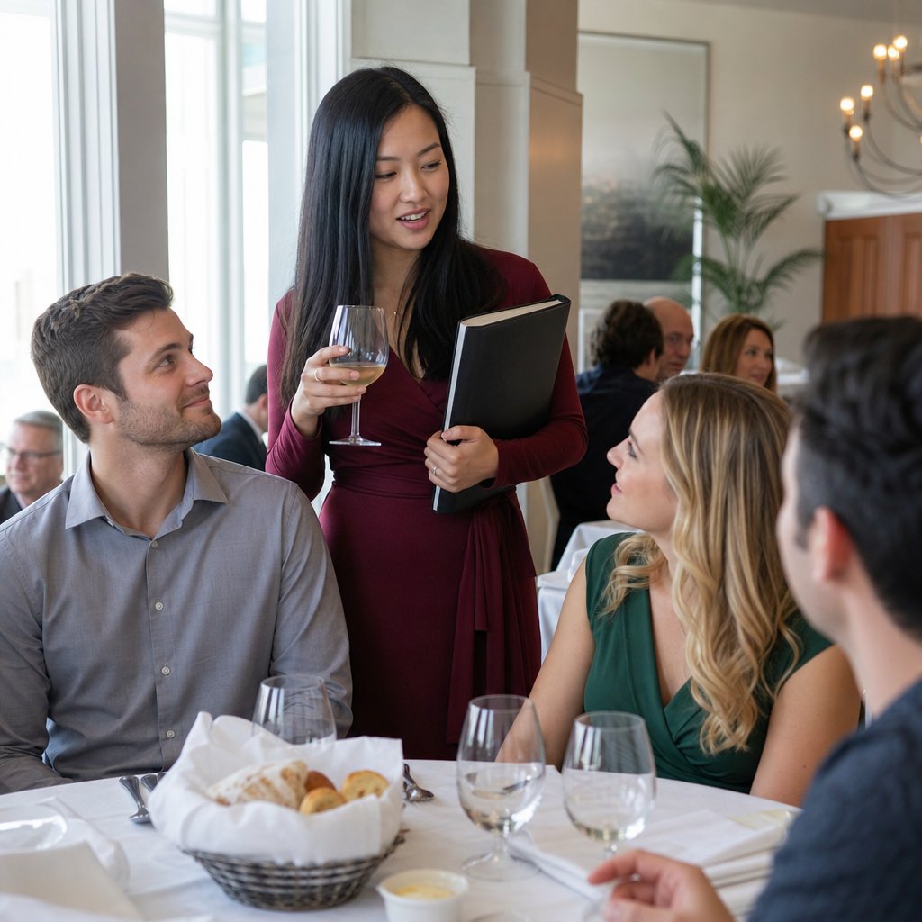 Mara stands to give a toast at a restaurant, clutching a binder as Evan and Kelsey watch her closely.