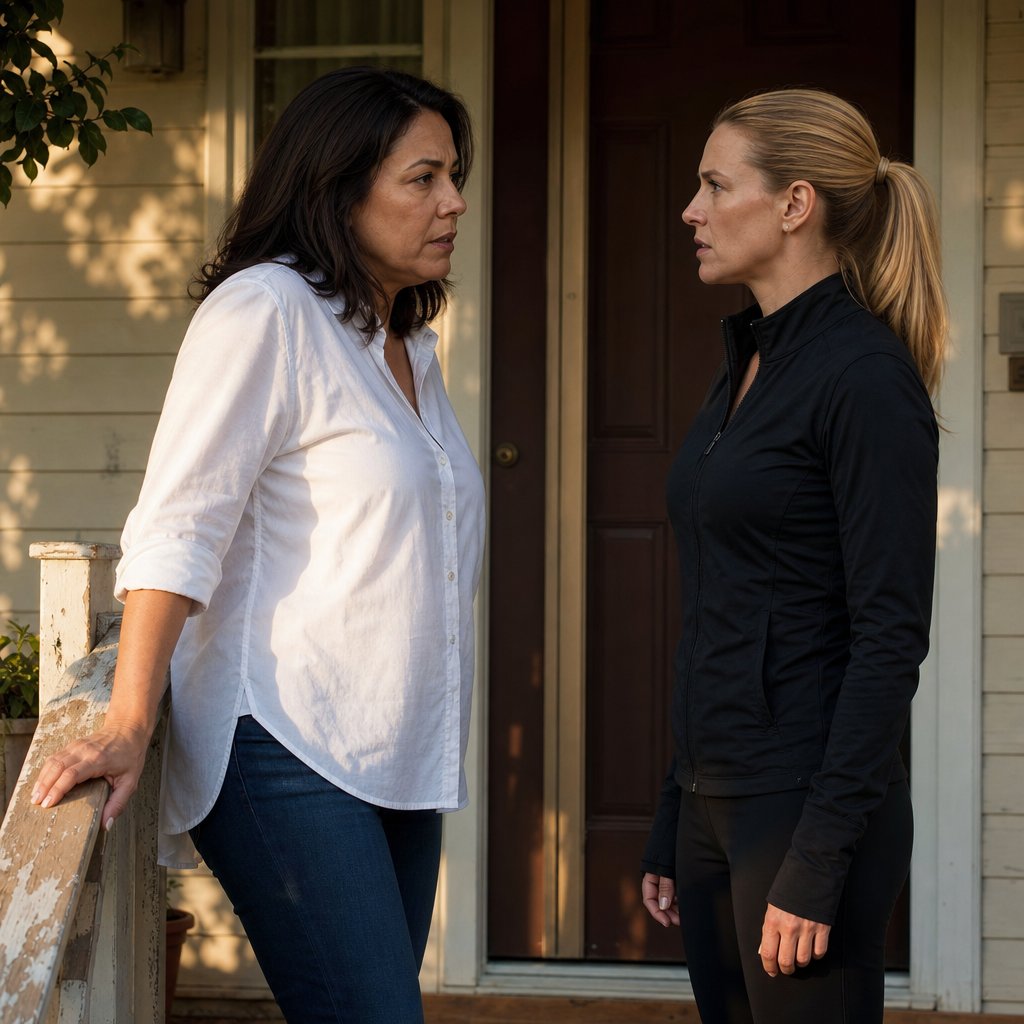 Mara confronts Sloane on the porch, tension sharp as Mara grips the peeling railing and Sloane’s expression flickers.