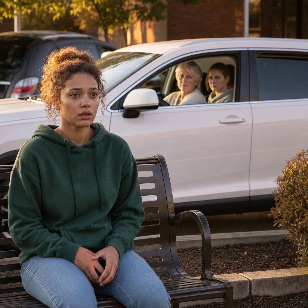 Iris sits frozen on a bench as a white SUV passes with two women watching her.