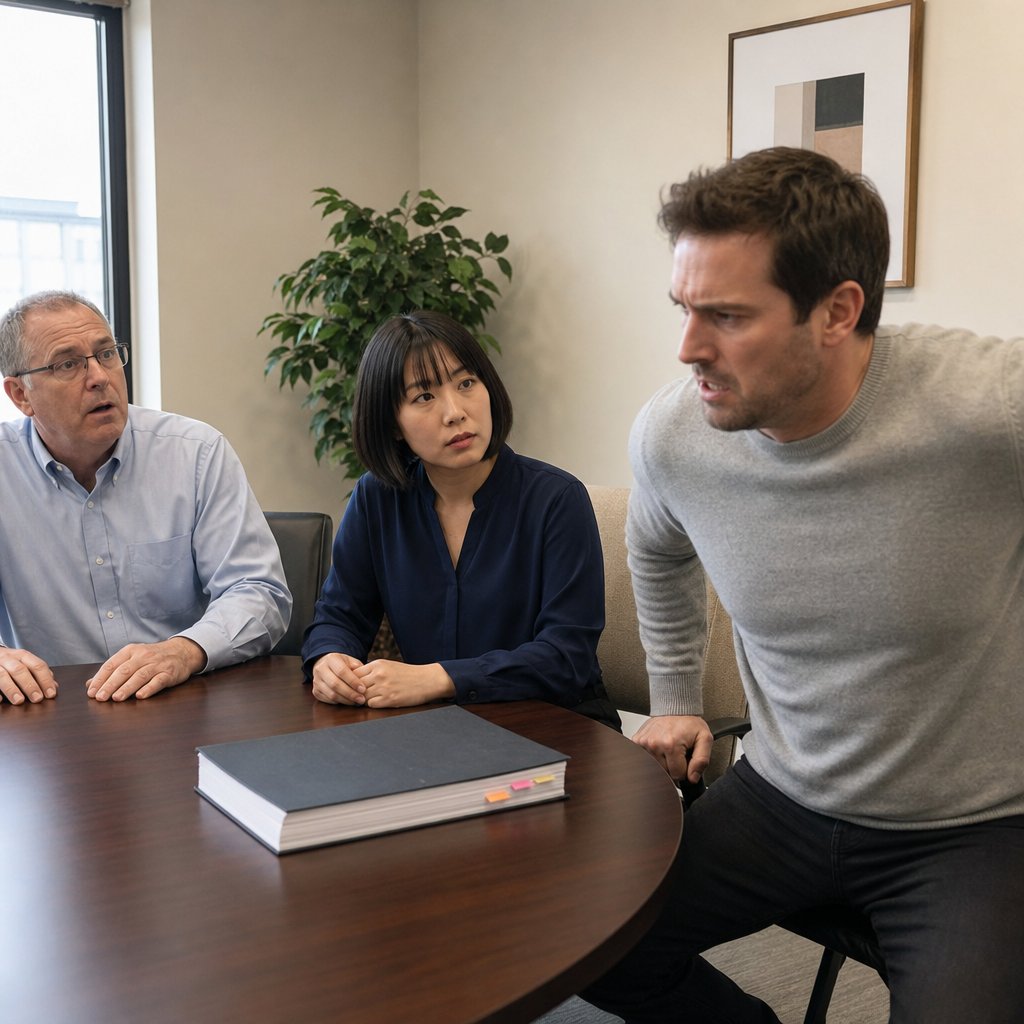 In mediation, Gavin half-stands in agitation as I sit steady and the mediator looks alarmed beside a thick tabbed report.