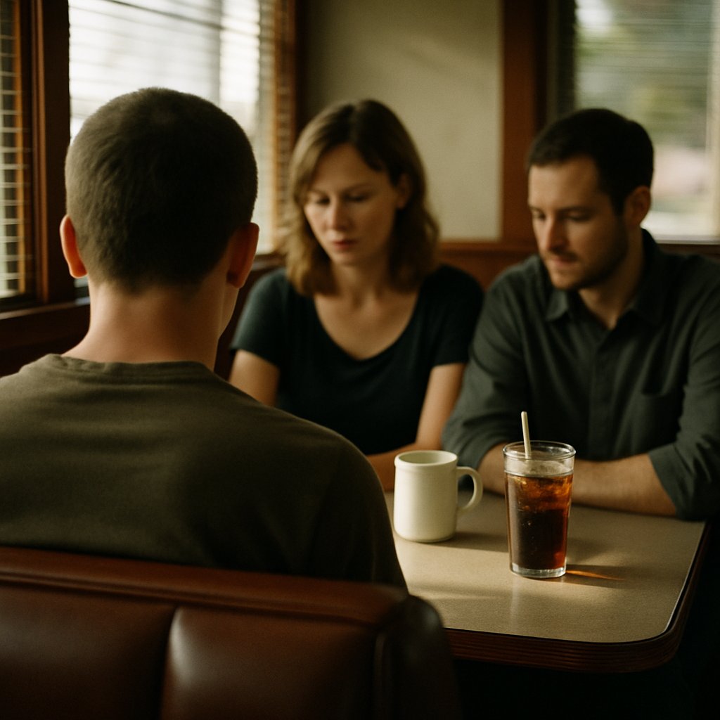 Diner booth with man and woman sitting together, viewed from behind another person