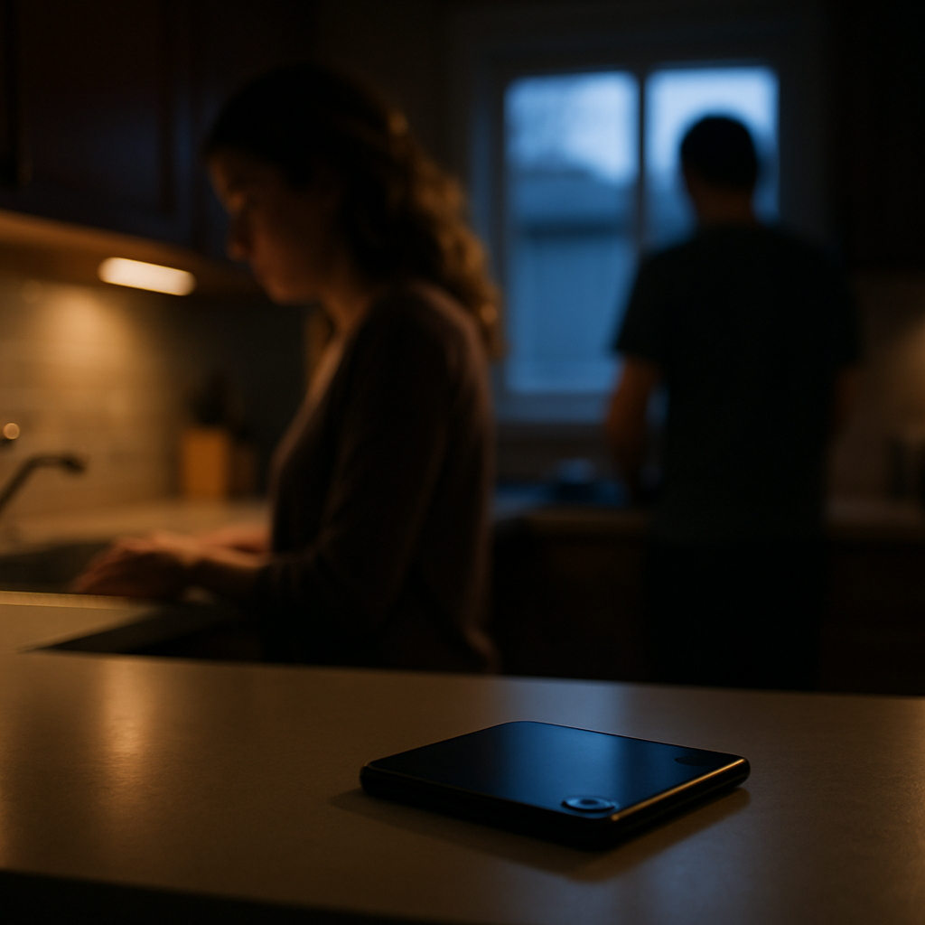 A phone lying on a kitchen counter, bathed in warm indoor light.