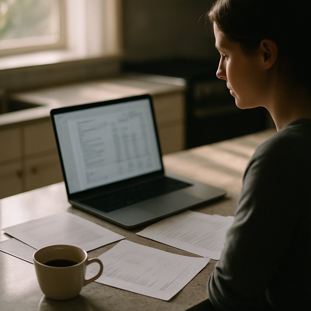 Documents and coffee on kitchen counter under natural light.