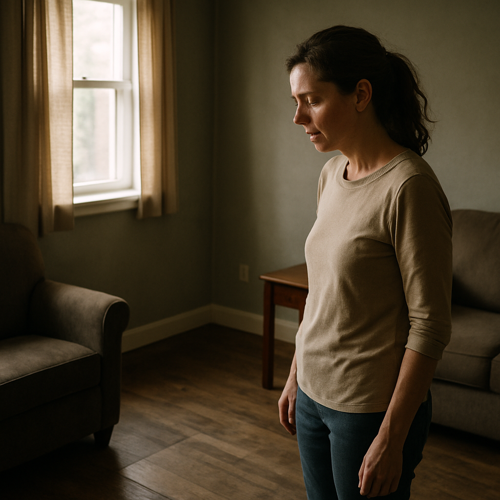 Woman looking at empty spot in room where file cabinet was, natural light.