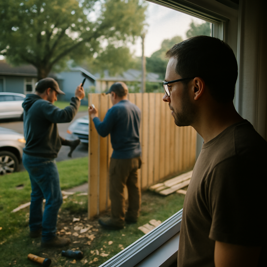 Man watches workers hammering fence through living room window during early morning.