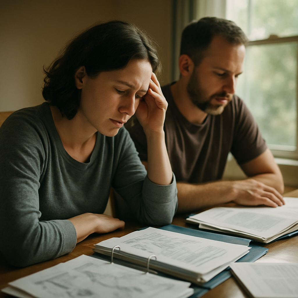 Couple reviewing medical records together at home.