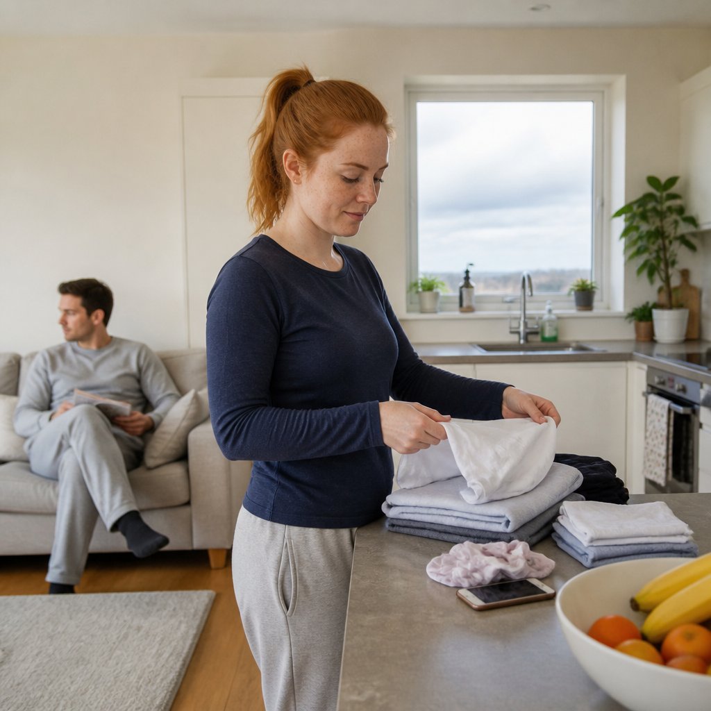 Woman folding laundry at kitchen counter with man on couch avoiding eye contact.