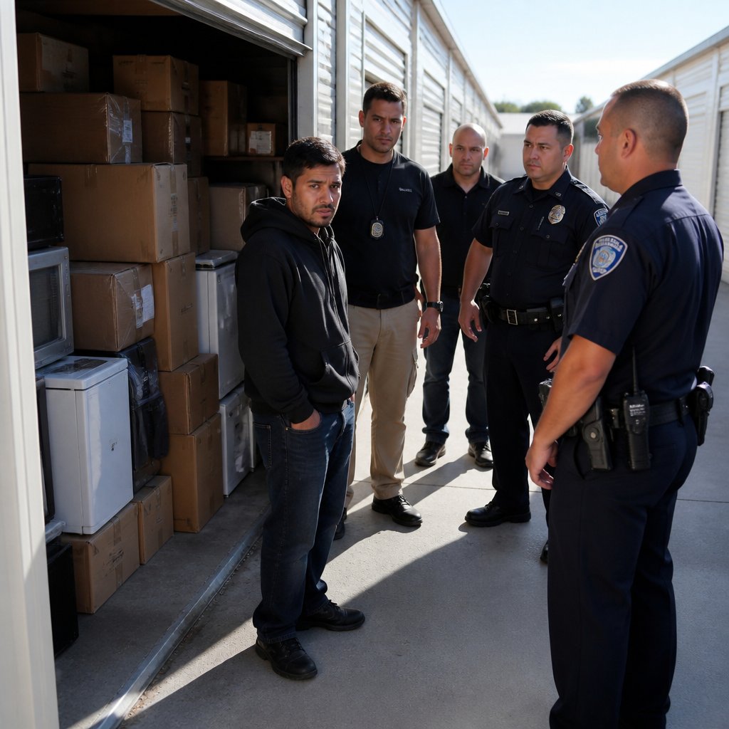 Latino man and officials inside storage unit filled with labeled boxes.