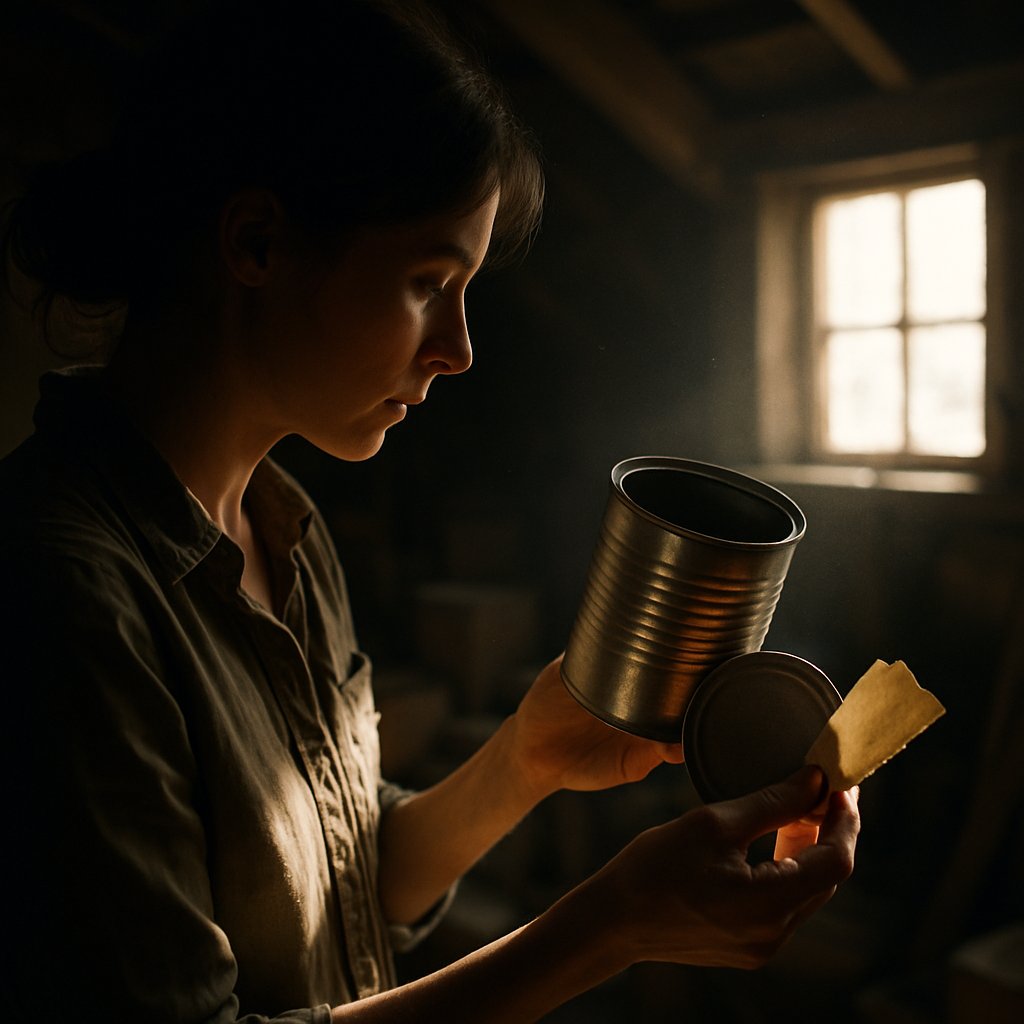Woman discovering a hidden coffee can and envelope in a dusty attic.
