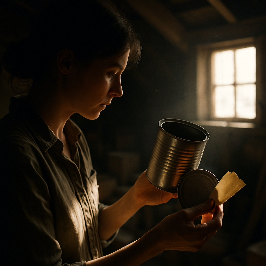 Woman discovering a hidden coffee can and envelope in a dusty attic.