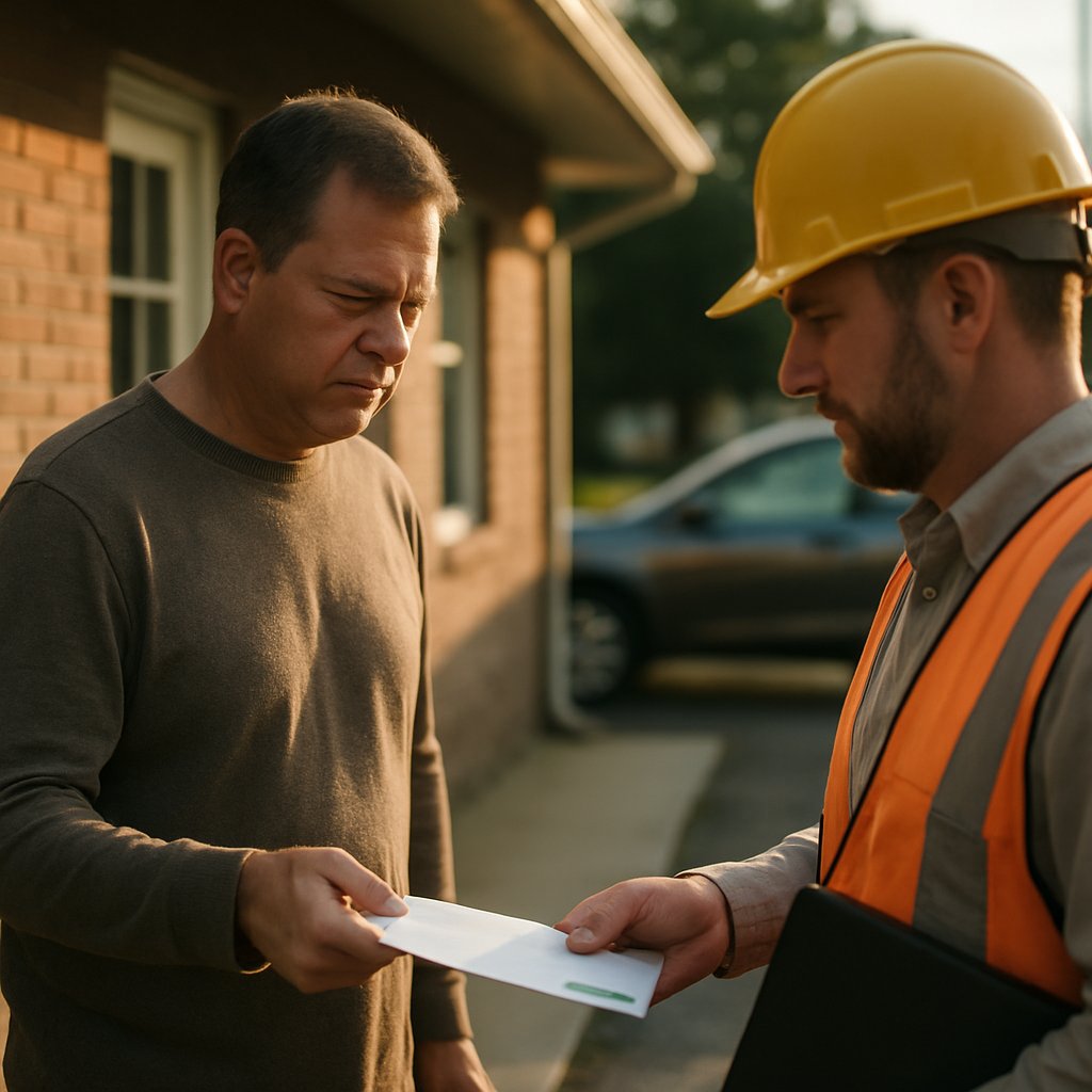 Homeowner delivering a certified letter to a surveyor, both looking serious, outside an office building in the morning