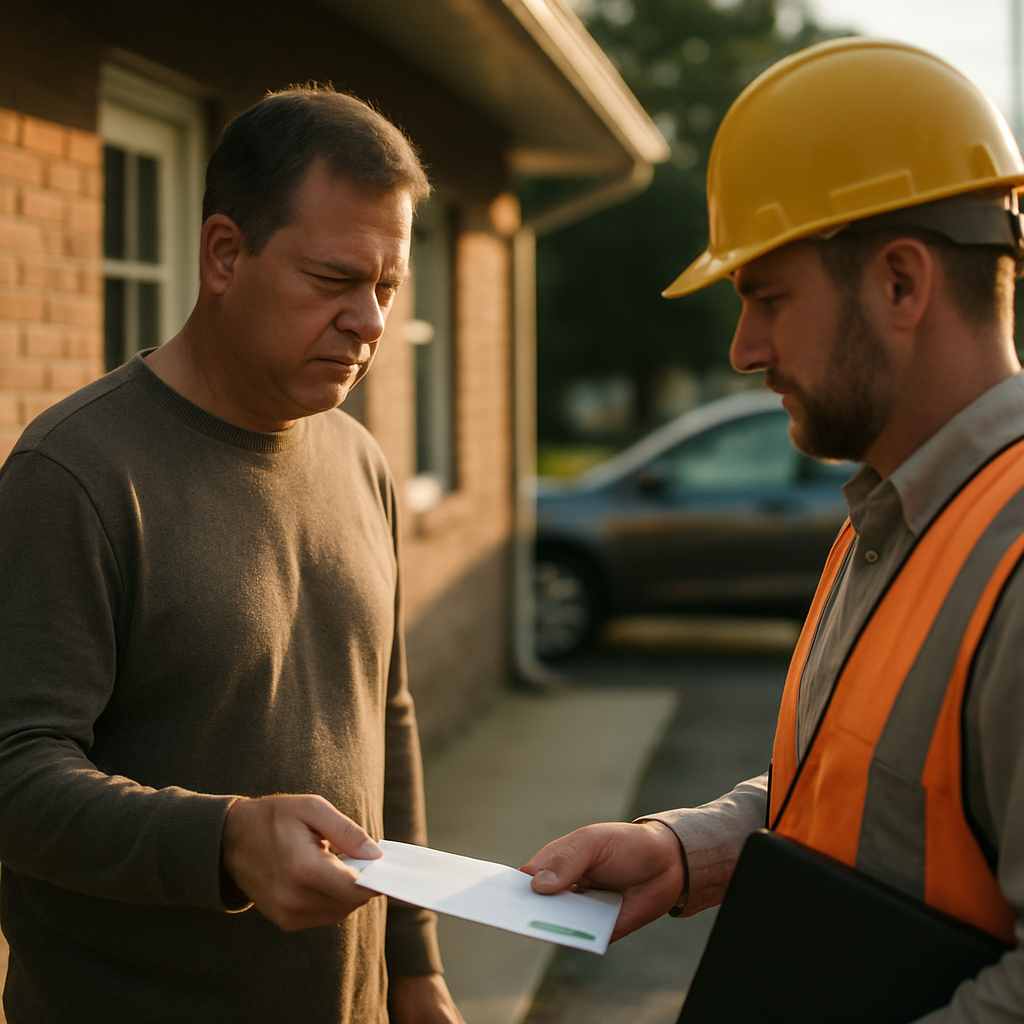 Homeowner delivering a certified letter to a surveyor, both looking serious, outside an office building in the morning