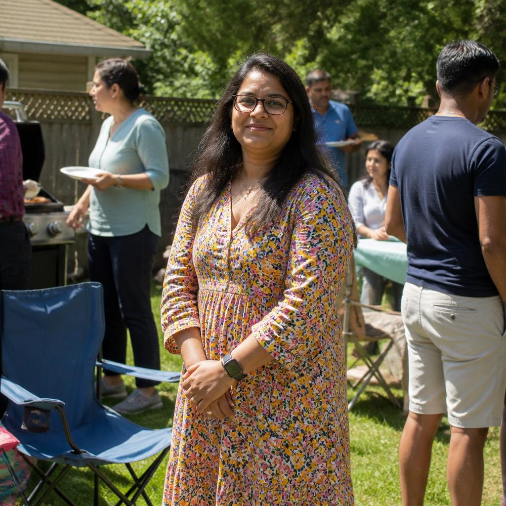 Woman in a bright floral dress standing confidently at a backyard gathering while others avoid her gaze.